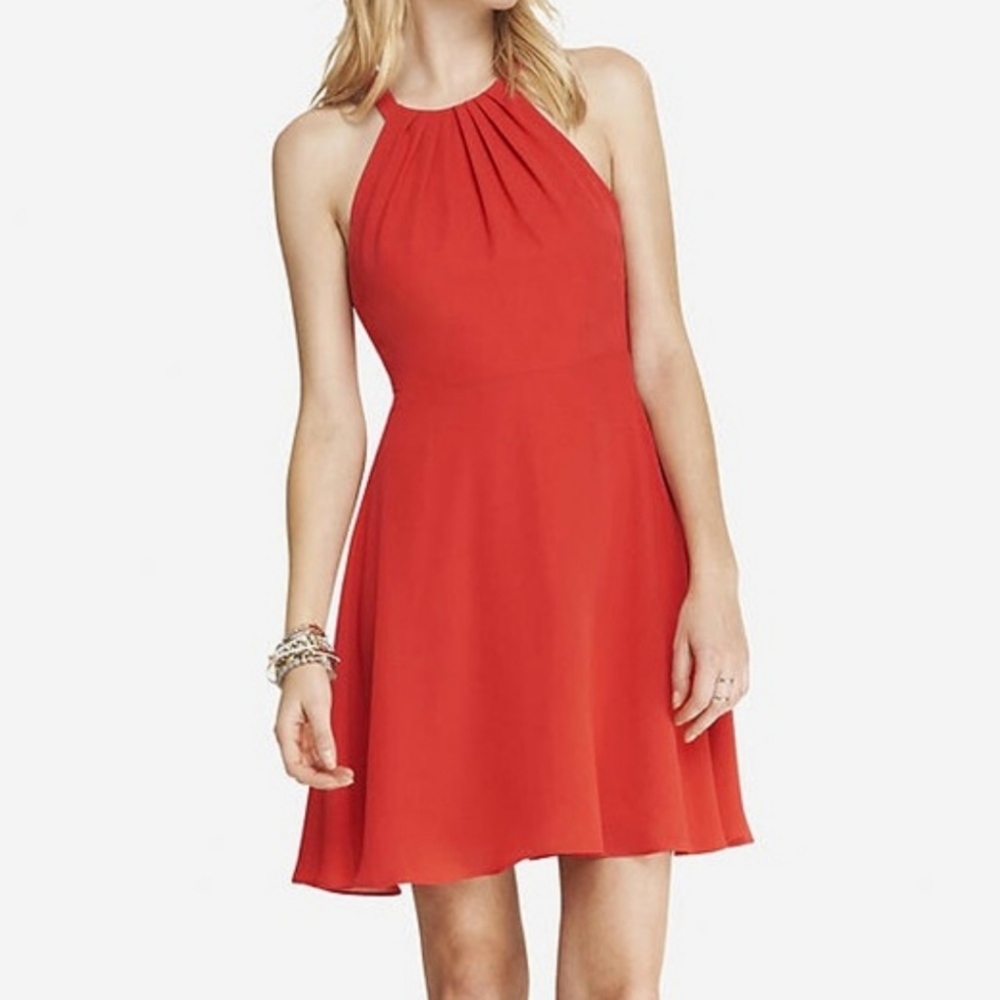 Express bright coral pleated halter dress